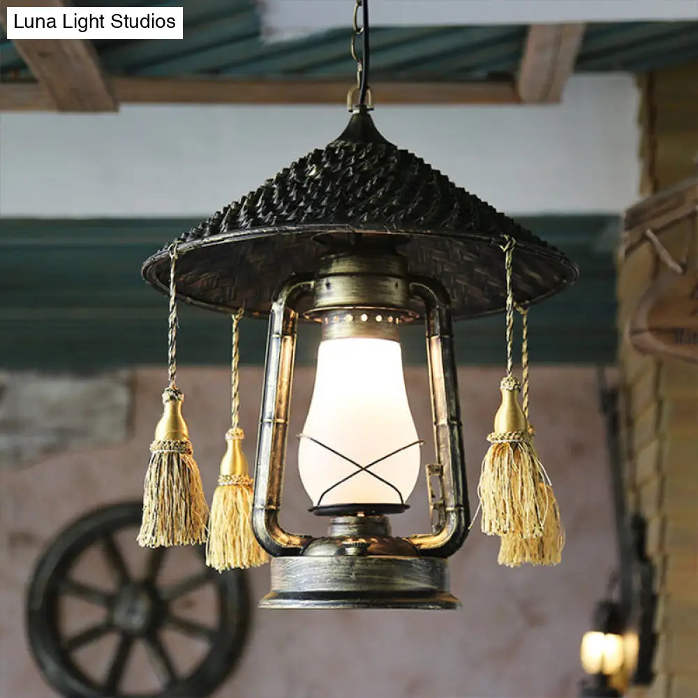 Bronze Head Hanging Pendant Lamp with Cream Glass Shade and Tassel Knot