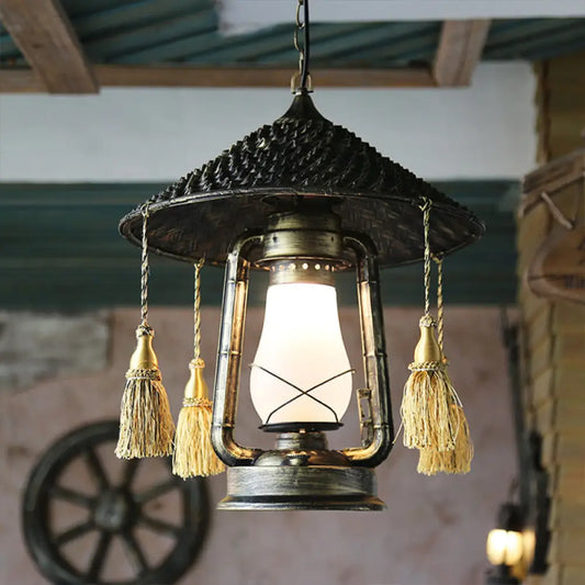 Bronze Head Hanging Pendant Lamp with Cream Glass Shade and Tassel Knot