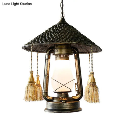 Bronze Head Hanging Pendant Lamp with Cream Glass Shade and Tassel Knot