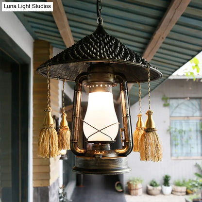 Bronze Head Hanging Pendant Lamp with Cream Glass Shade and Tassel Knot