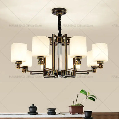 Bronze high jump floor hollow chandelier with six off-white cylindrical shades and geometric metal arms for duplex decorbites high jump