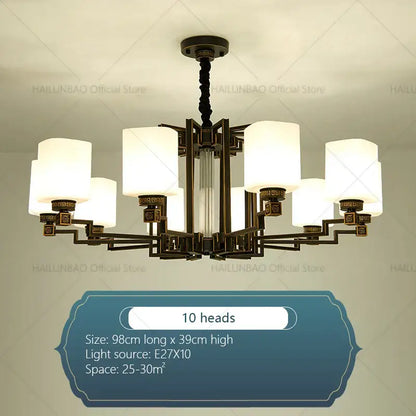 Bronze high jump floor hollow chandelier with ten frosted white cylindrical shades and ornate geometric metalwork for duplex living room decorbites high jump