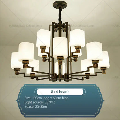 Bronze high jump floor hollow chandelier with eight larger and four smaller frosted glass shades for duplex living room decorbites high jump