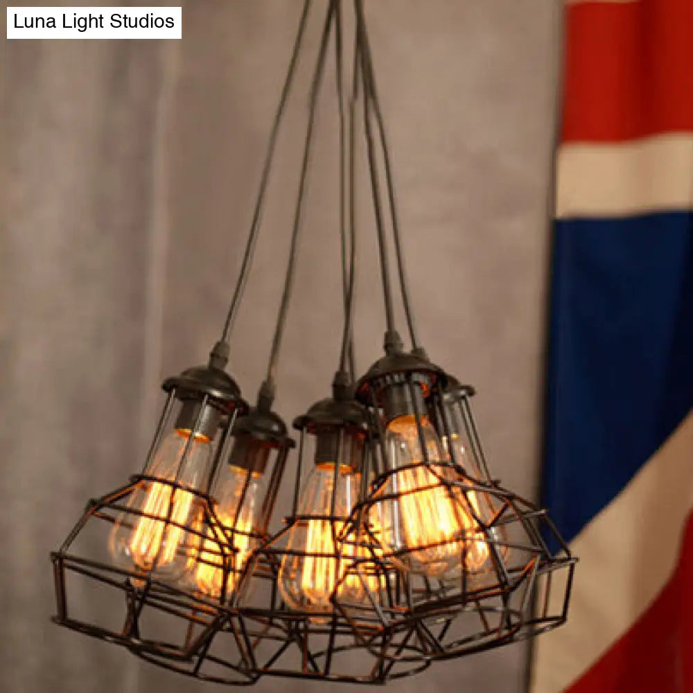 Bronze Industrial Cluster Pendant Lighting: Cage Shade, Adjustable Cord, 6 Bulbs