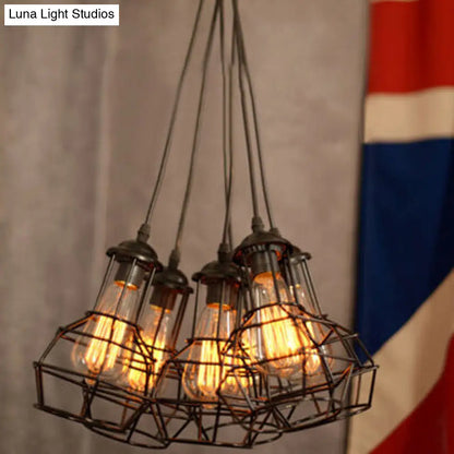 Bronze Industrial Cluster Pendant Lighting: Cage Shade, Adjustable Cord, 6 Bulbs