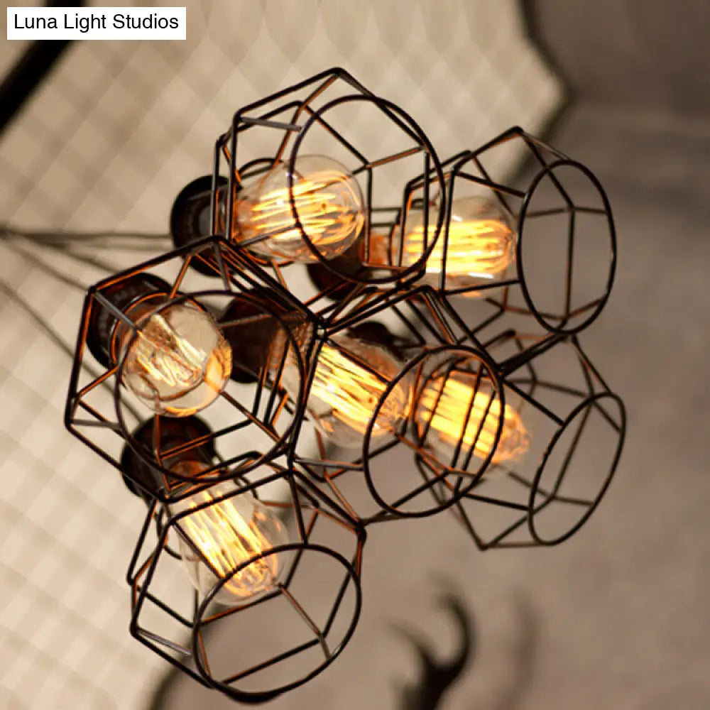 Bronze Industrial Cluster Pendant Lighting: Cage Shade, Adjustable Cord, 6 Bulbs