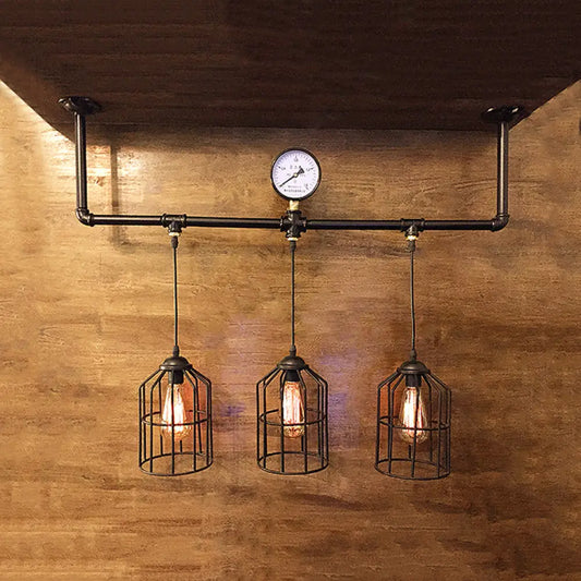 DecorBites™ Bronze Industrial Linear Hanging Light with Cage Shade and 3 Lights - Perfect for Island Pendant Lighting