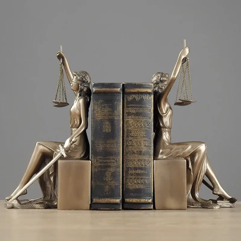 Bronze justice goddess statue bookends with sword and scales for study room decor by decorbites