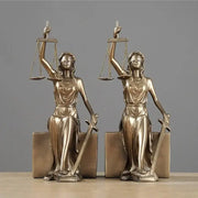Bronze-colored justice goddess statue bookends holding scales and sword for study room decorbites justice goddess decor