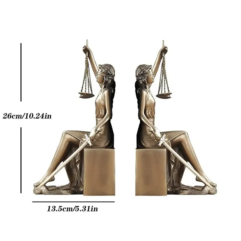 Bronze-colored resin justice goddess statue bookends featuring the goddess holding scales and sword for study room decorbites decor