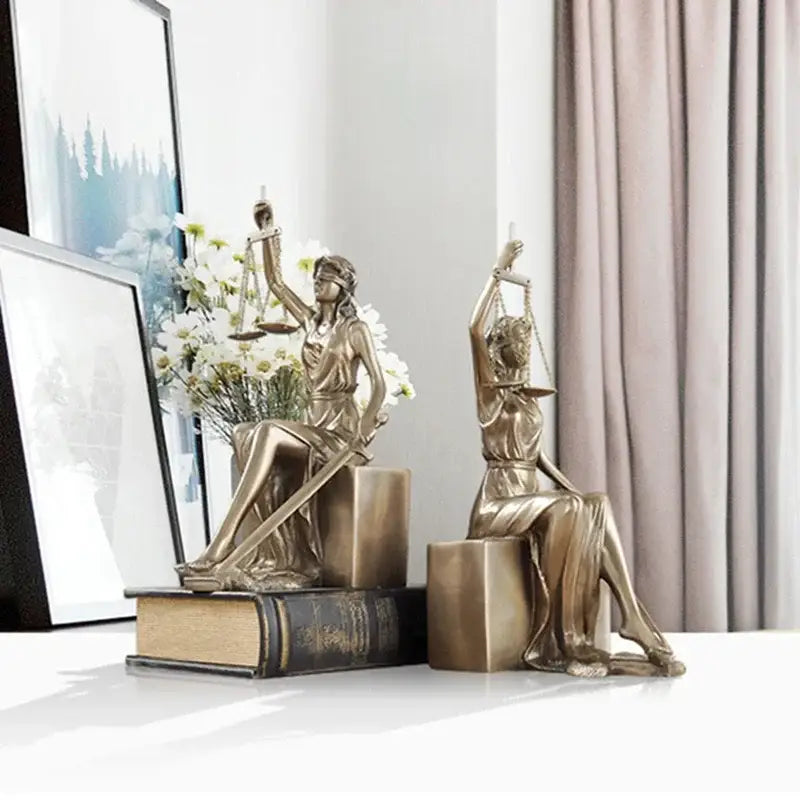 Two golden bronze justice goddess statue bookends seated on books holding scales and swords for decorbites decor