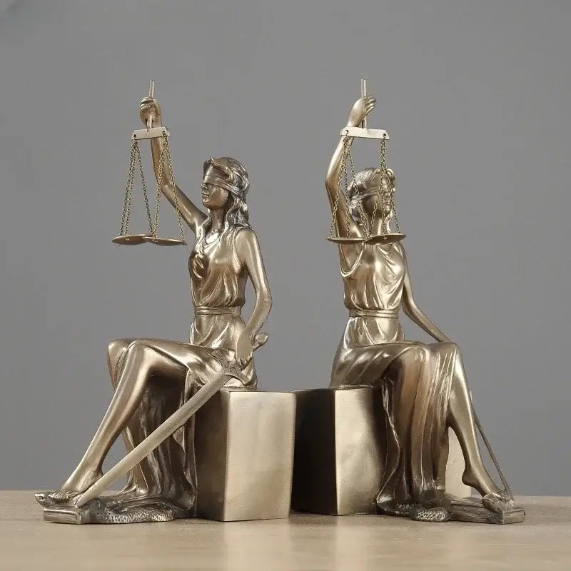 Two metallic bronze justice goddess statue bookends seated on cubes holding scales for study room decorbites decor