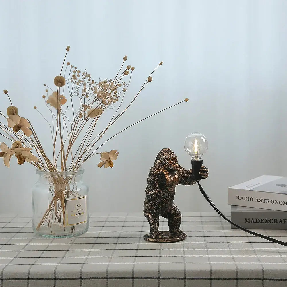 Bronze king kong gorilla table lamp with bronze finish clear glass bulb and black cord for bedroom night light