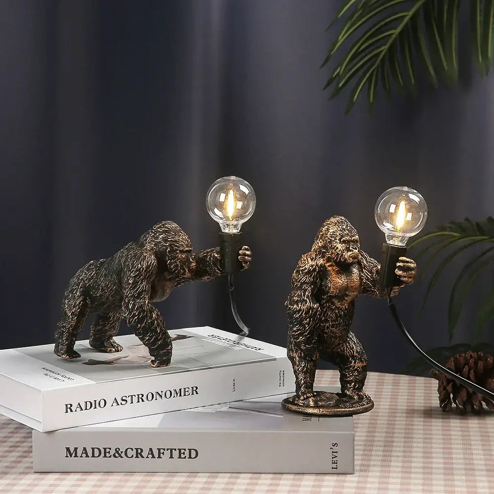 Bronze king kong gorilla table lamp with textured fur and vintage-style exposed bulbs for bedroom night light