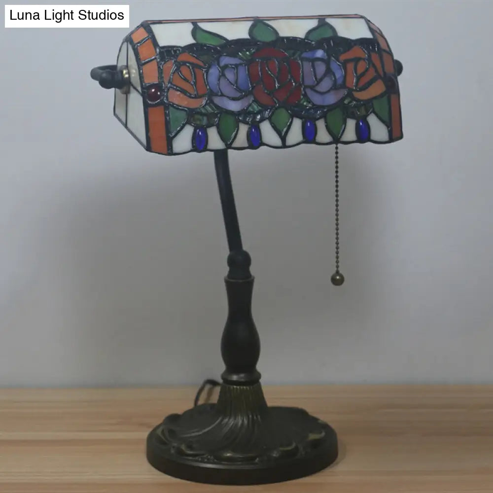 Bronze Mediterranean Stained Glass Desk Lamp with Rose Night Lighting