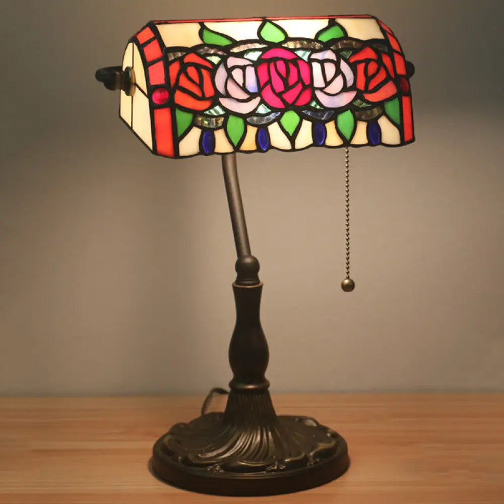Bronze Mediterranean Stained Glass Desk Lamp with Rose Night Lighting