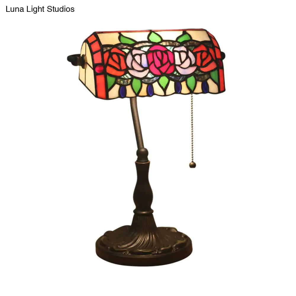 Bronze Mediterranean Stained Glass Desk Lamp with Rose Night Lighting