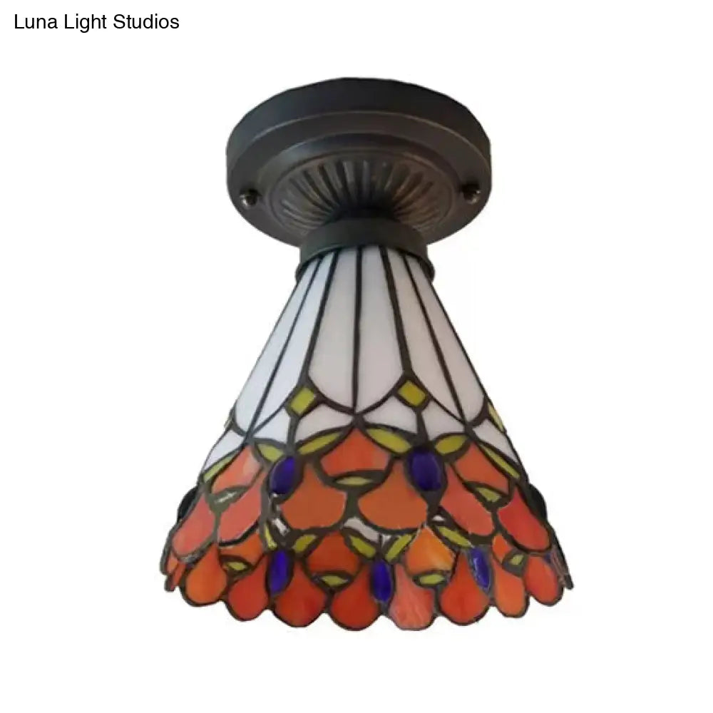 DecorBites™ Bronze Mini Semi Flush Mount Tiffany Style Ceiling Light with Stained Glass Floral Shade - 8"H x 6"D