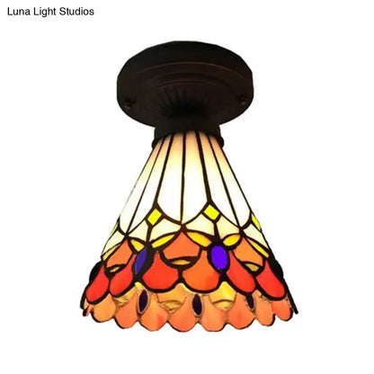 DecorBites™ Bronze Mini Semi Flush Mount Tiffany Style Ceiling Light with Stained Glass Floral Shade - 8"H x 6"D