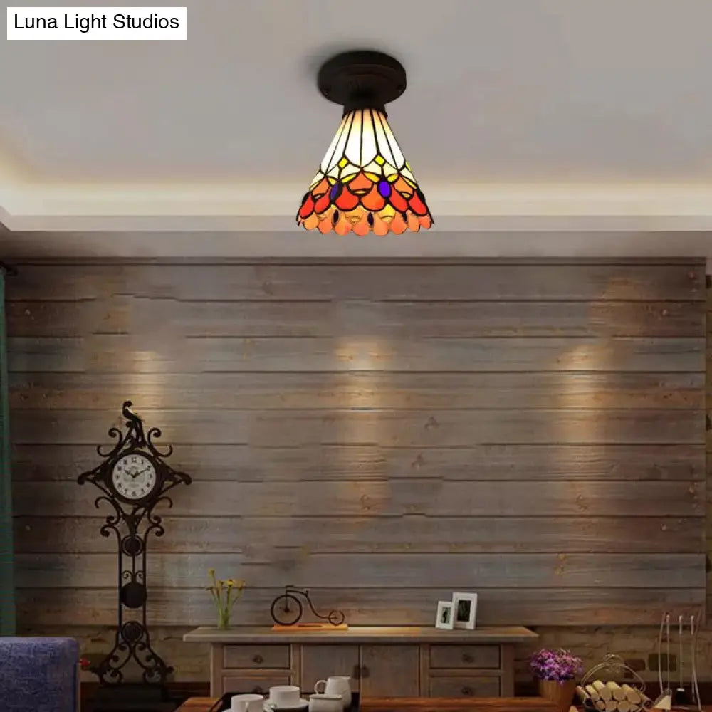 DecorBites™ Bronze Mini Semi Flush Mount Tiffany Style Ceiling Light with Stained Glass Floral Shade - 8"H x 6"D