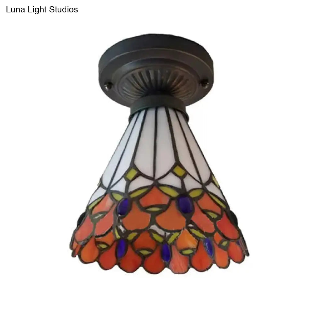 DecorBites™ Bronze Mini Semi Flush Mount Tiffany Style Ceiling Light with Stained Glass Floral Shade - 8"H x 6"D
