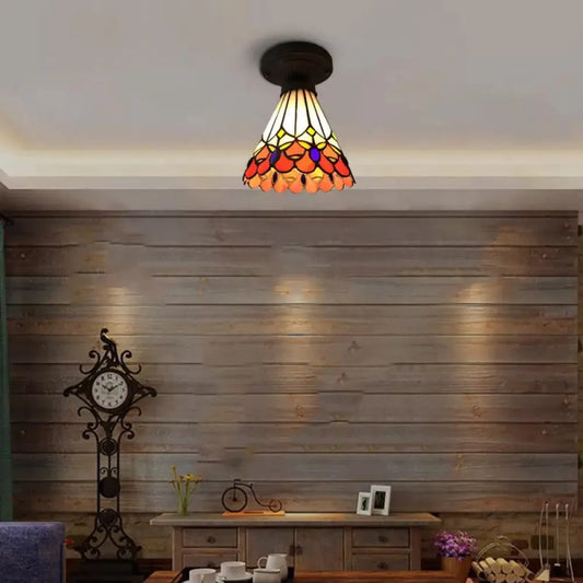 DecorBites™ Bronze Mini Semi Flush Mount Tiffany Style Ceiling Light with Stained Glass Floral Shade - 8"H x 6"D