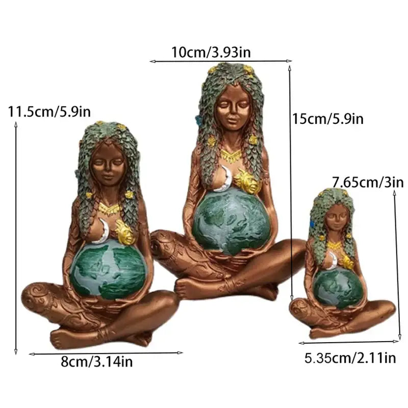 Set of three bronze mother earth goddess figurines with green braided hair holding globes for living room decorbites gaia mother decor