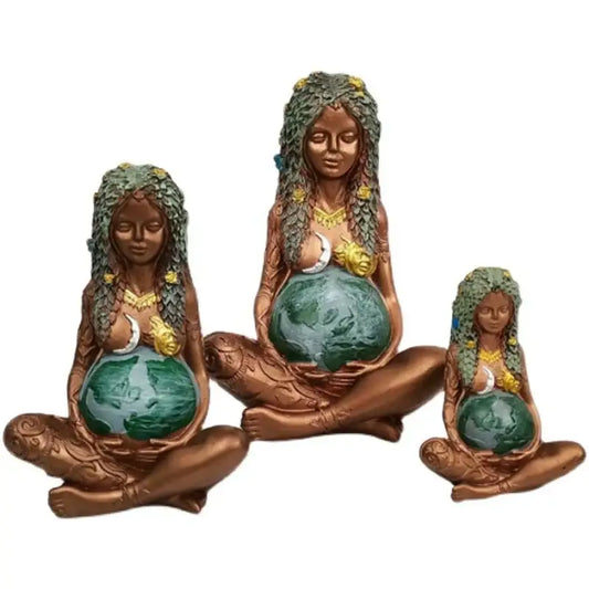 Set of three bronze mother earth goddess figurines with leafy hair and green globes for living room decorbites gaia mother decor