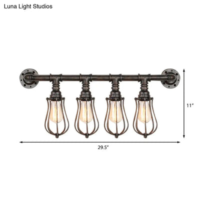 Bronze Nautical Wall Mount Light with Wire Cage and Pipe – 4-Light Metal Sconce Lighting