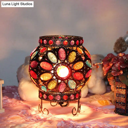 Bronze Oblate Iron Table Lamp with Acrylic Bead: Traditional 1-Light Bedroom Nightstand Lighting