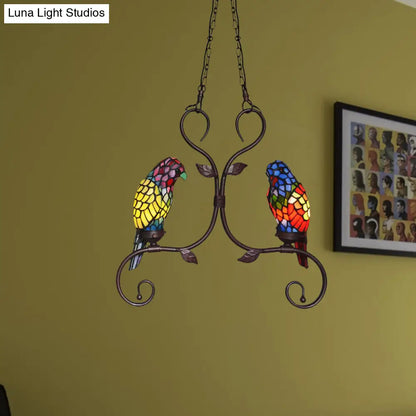 Bronze Parrot Chandelier: Cut Glass, Baroque Style, 2 Heads Pendant Lighting with Elegant Frame