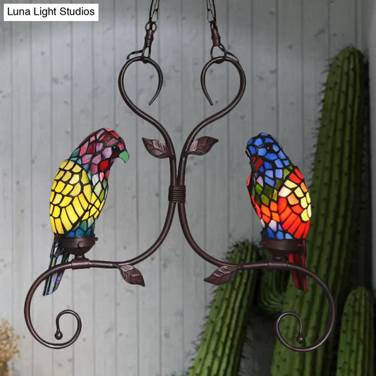 Bronze Parrot Chandelier: Cut Glass, Baroque Style, 2 Heads Pendant Lighting with Elegant Frame