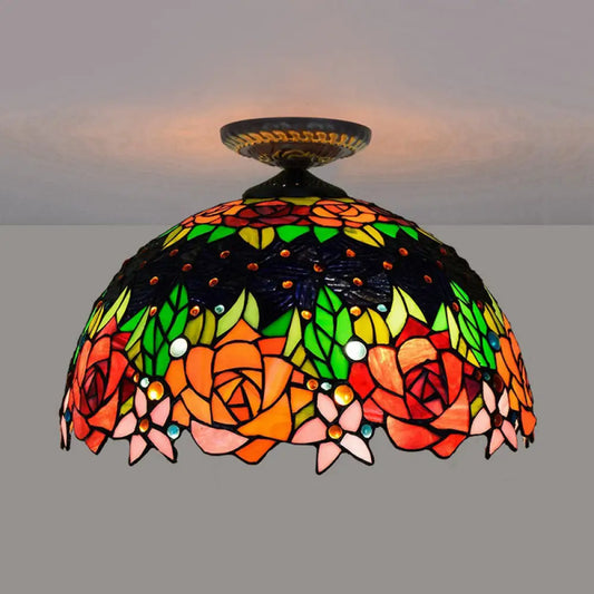 DecorBites™ DecorBites™ Bronze Rose/Flower Tiffany Ceiling Lamp - Multicolored Stained Glass Flush Mount Lighting