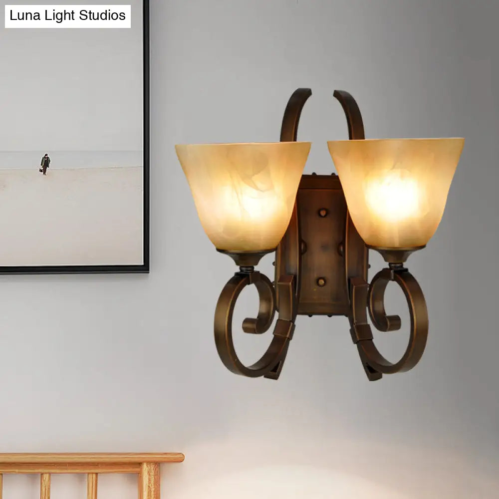 Bronze Scrolling Arm Wall Lamp with Frosted Glass - Traditional Bell Sconce Lighting, Dual Bulb Mount