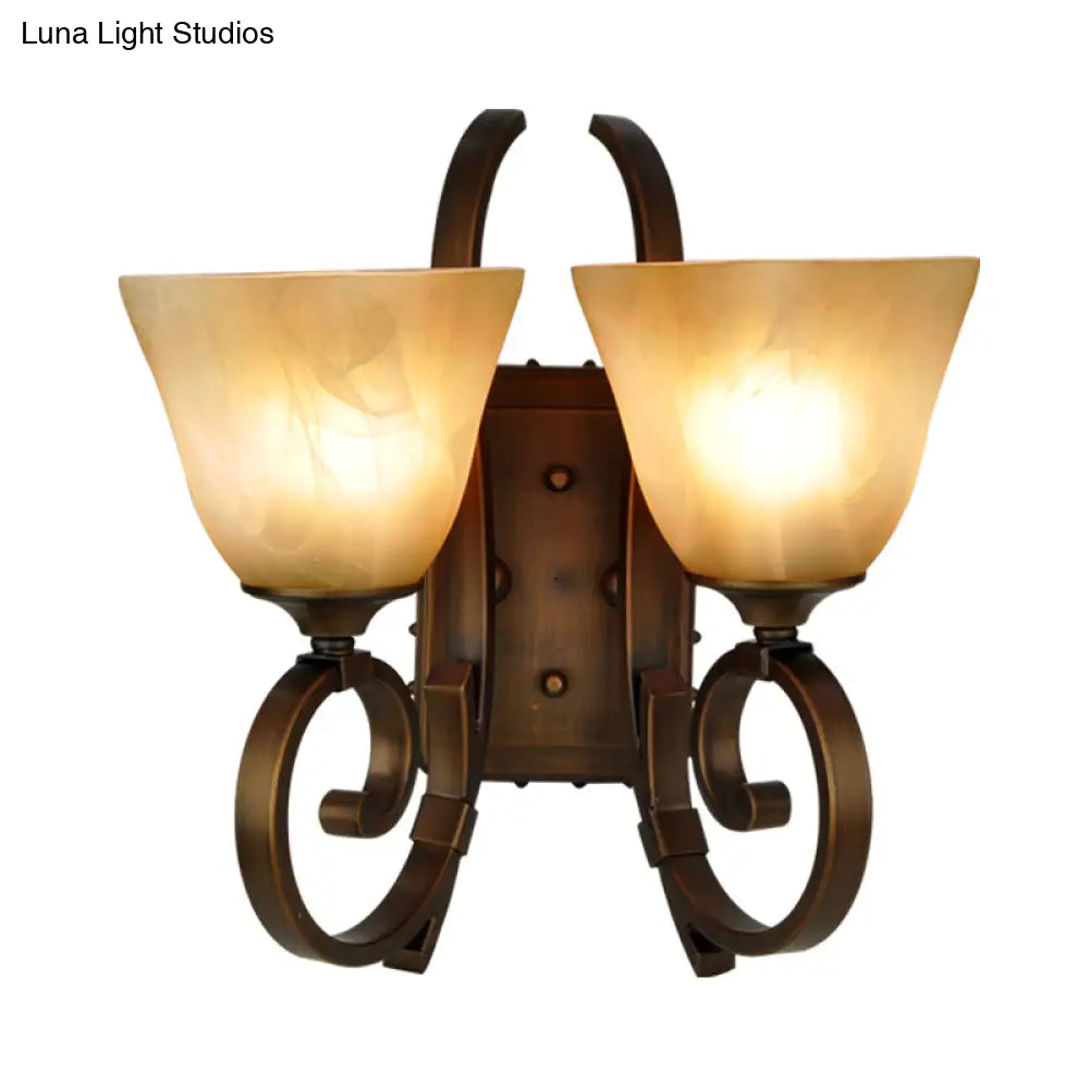 Bronze Scrolling Arm Wall Lamp with Frosted Glass - Traditional Bell Sconce Lighting, Dual Bulb Mount