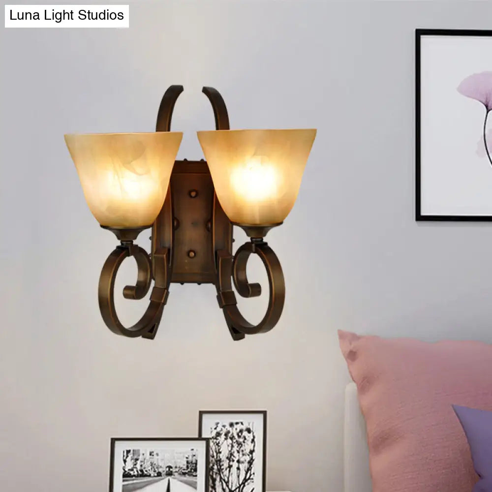 Bronze Scrolling Arm Wall Lamp with Frosted Glass - Traditional Bell Sconce Lighting, Dual Bulb Mount