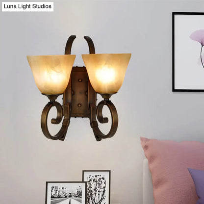 Bronze Scrolling Arm Wall Lamp with Frosted Glass - Traditional Bell Sconce Lighting, Dual Bulb Mount
