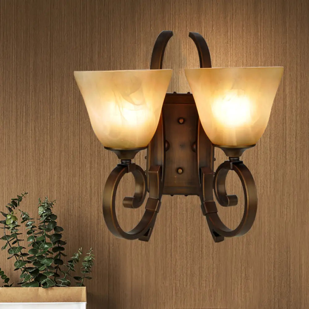 Bronze Scrolling Arm Wall Lamp with Frosted Glass - Traditional Bell Sconce Lighting, Dual Bulb Mount