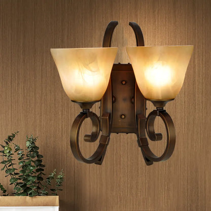 Bronze Scrolling Arm Wall Lamp with Frosted Glass - Traditional Bell Sconce Lighting, Dual Bulb Mount