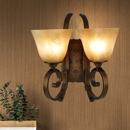 Bronze Scrolling Arm Wall Lamp with Frosted Glass - Traditional Bell Sconce Lighting, Dual Bulb Mount