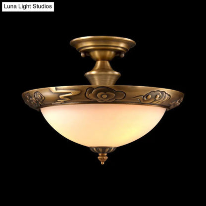 DecorBites™ DecorBites™ Bronze Semi Flush LED Ceiling Light with Milk Glass Bowl and Carved Edge