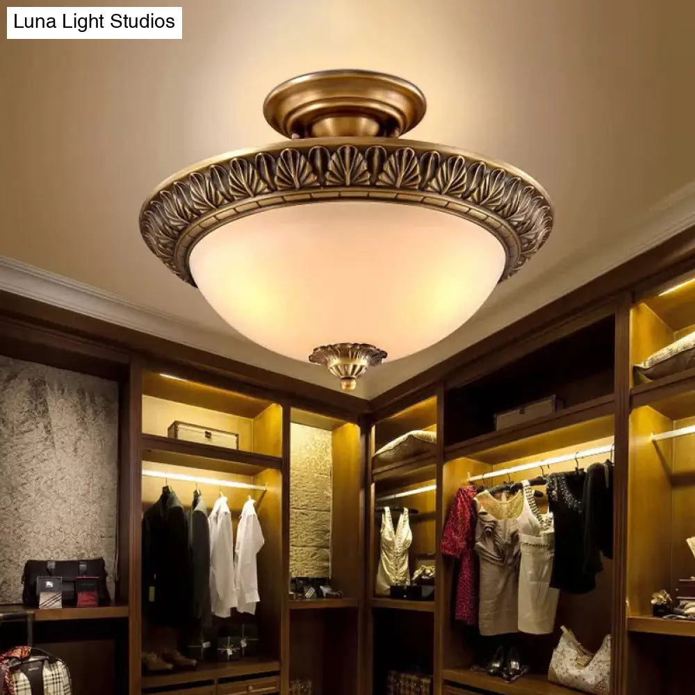 DecorBites™ DecorBites™ Bronze Semi Flush LED Ceiling Light with Milk Glass Bowl and Carved Edge