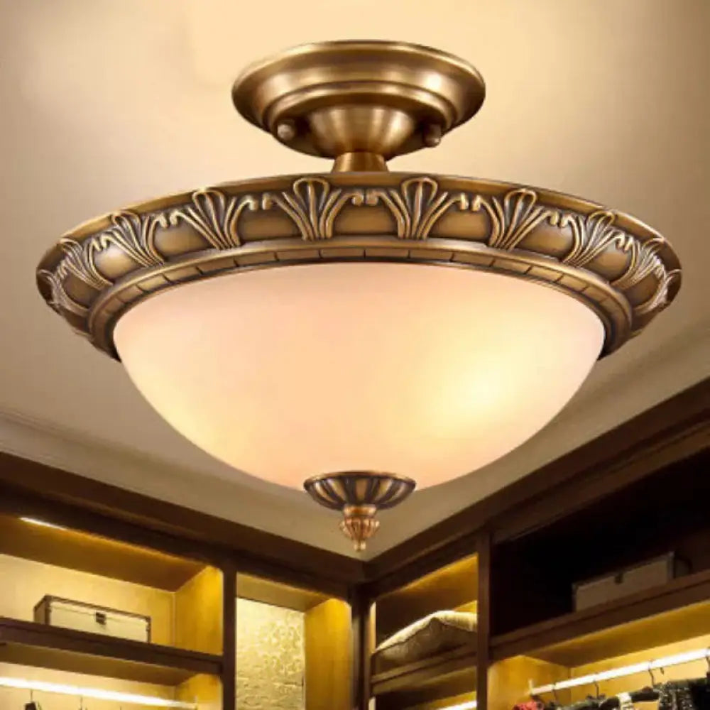 DecorBites™ DecorBites™ Bronze Semi Flush LED Ceiling Light with Milk Glass Bowl and Carved Edge
