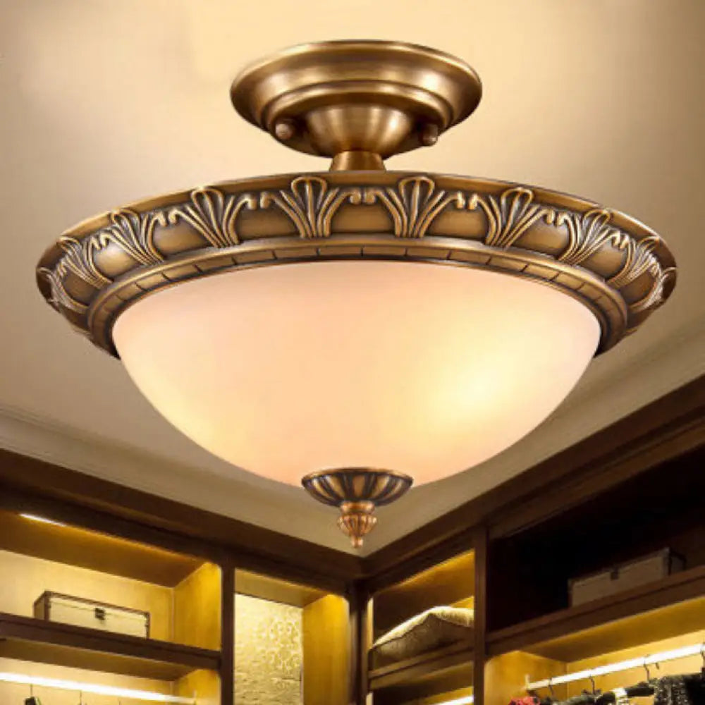 DecorBites™ DecorBites™ Bronze Semi Flush LED Ceiling Light with Milk Glass Bowl and Carved Edge