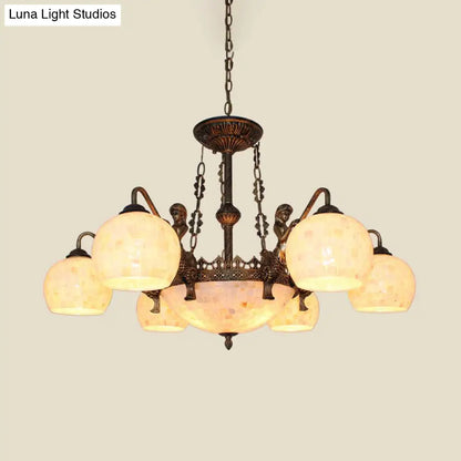Bronze Spherical Shell Tiffany-Style Chandelier - 5/9/11-Light Suspension Ceiling Lighting