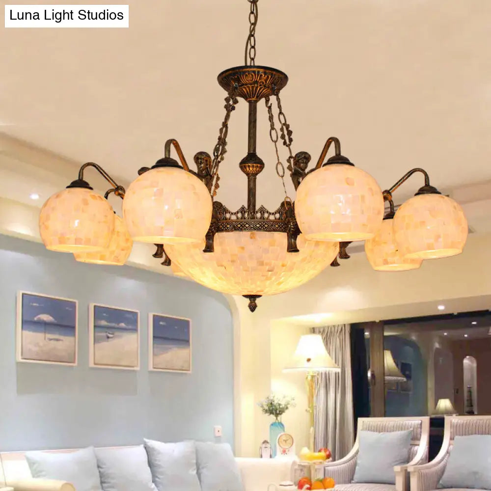 Bronze Spherical Shell Tiffany-Style Chandelier - 5/9/11-Light Suspension Ceiling Lighting