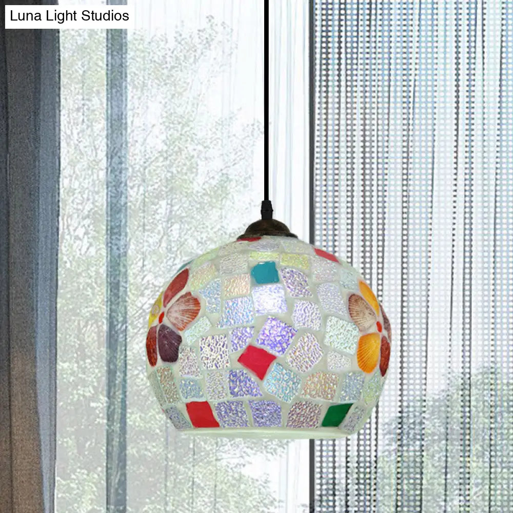 Bronze Stained Glass 1-Light Pendant Baroque Tartan Pattern Sphere Hanging Lamp