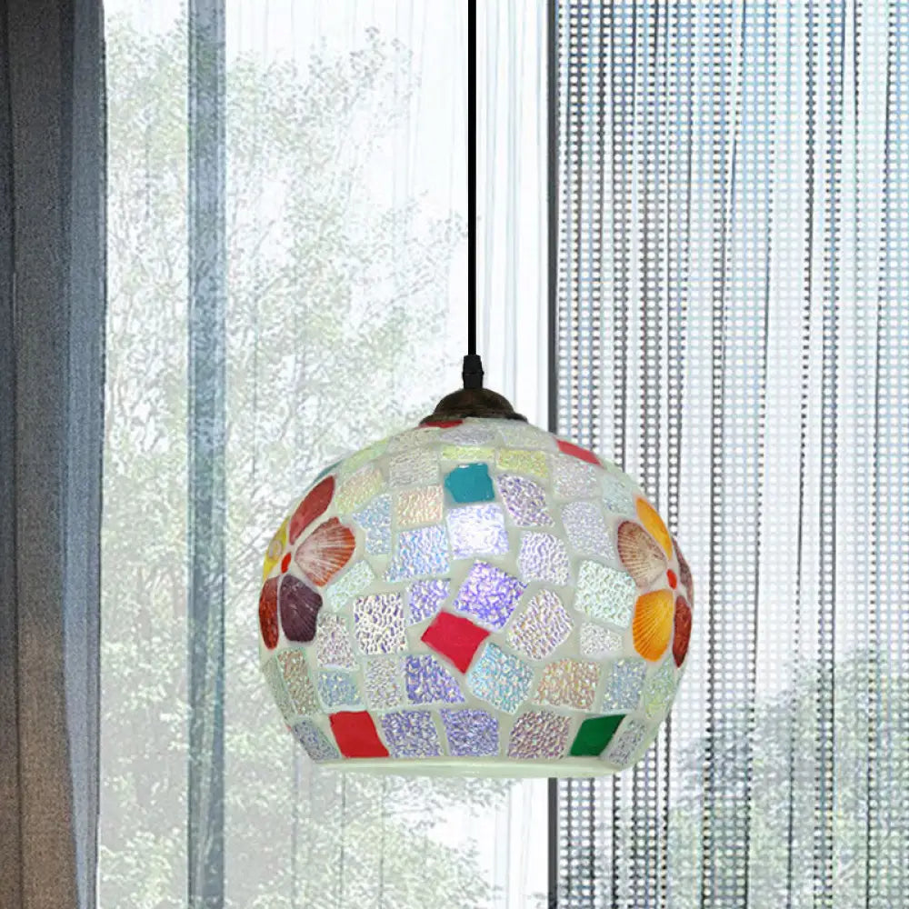 Bronze Stained Glass 1-Light Pendant Baroque Tartan Pattern Sphere Hanging Lamp