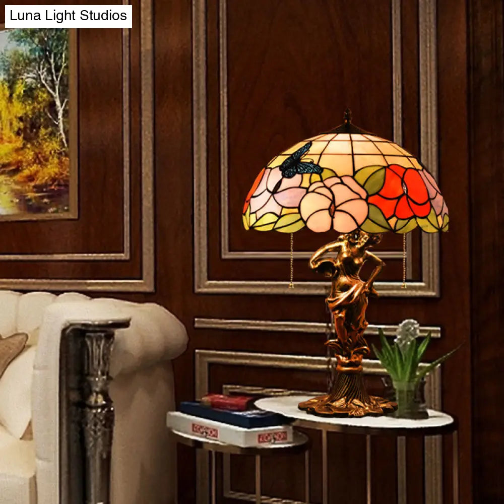 Bronze Stained Glass Tiffany Table Lamp with Pull Chain - Hemispherical Design