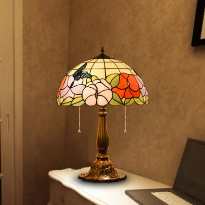 Bronze Stained Glass Tiffany Table Lamp with Pull Chain - Hemispherical Design